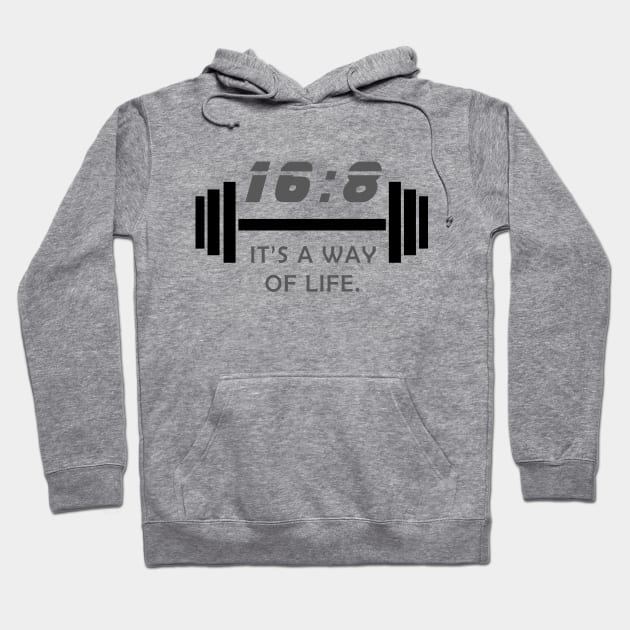 Gray hoodie with "16:8 It's a Way of Life" text and barbell graphic, casual style, cotton blend material.