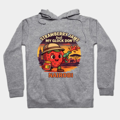 Gray hoodie with colorful cartoon strawberry design, text "Strawberry Jams Nairobi," casual style, cotton blend.