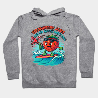 Gray hoodie with vibrant strawberry surfing graphic, casual style, cotton blend, perfect for everyday wear.