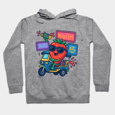 Gray hoodie with colorful cartoon strawberry and tuk-tuk design, casual style, perfect for playful everyday wear.