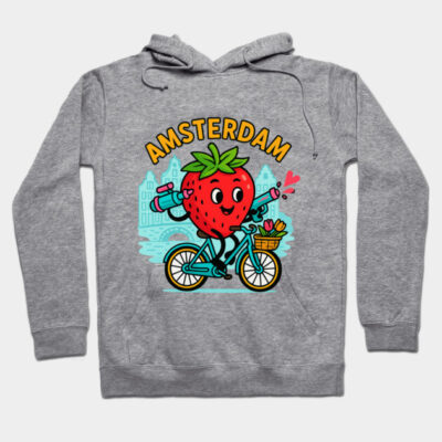 Gray hoodie with playful strawberry cycling graphic, "Amsterdam" text. Casual wear, cotton blend, perfect for everyday use.