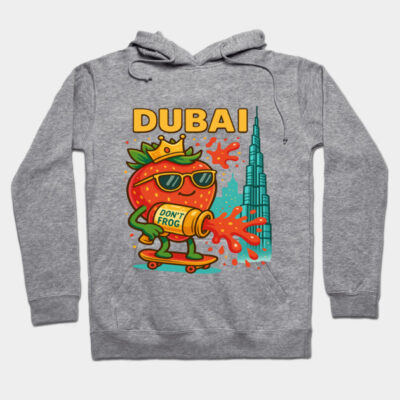 Gray hoodie with colorful Dubai-themed cartoon print, featuring a skateboarding character and cityscape design.