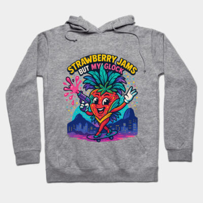 Gray hoodie with colorful strawberry character print, text "Strawberry Jams," casual style, cotton material.