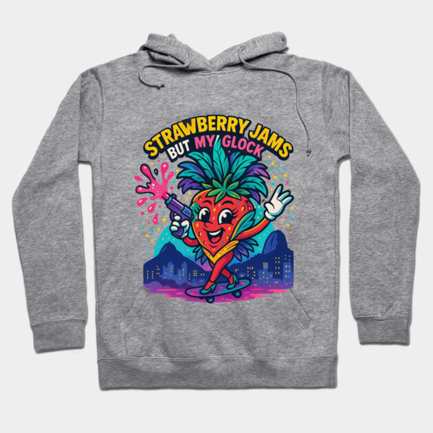 Gray hoodie with colorful strawberry character print, text "Strawberry Jams," casual style, cotton material.