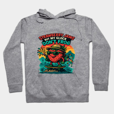 Gray hoodie with colorful cartoon strawberry graphic and text, casual style, suitable for everyday wear.