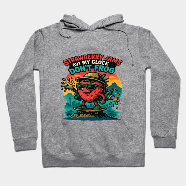 Gray hoodie with colorful cartoon strawberry graphic and text, casual style, suitable for everyday wear.