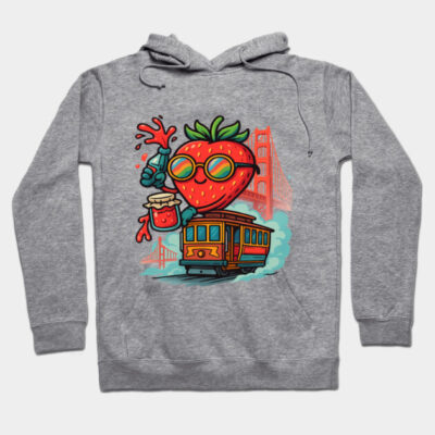 Gray hoodie with colorful cartoon strawberry and trolley print, featuring fun San Francisco theme, unisex cotton blend.