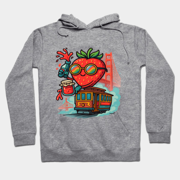 Gray hoodie with colorful cartoon strawberry and trolley print, featuring fun San Francisco theme, unisex cotton blend.