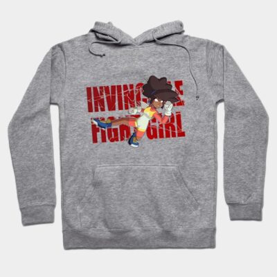 Gray hoodie with colorful animated character design, "Invincible Girl" text, cozy cotton blend, casual wear.