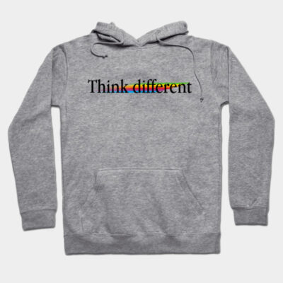 Gray hoodie with "Think different" text, colorful underline, cozy cotton material, casual style, perfect for everyday wear.