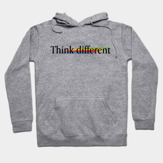 Gray hoodie with "Think different" text, colorful underline, cozy cotton material, casual style, perfect for everyday wear.