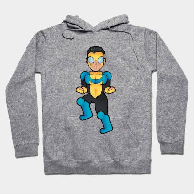 Mark Grayson (INVINCIBLE) Hoodie 1 Gray hoodie featuring a cartoon superhero design with blue and yellow accents, ideal for casual wear.