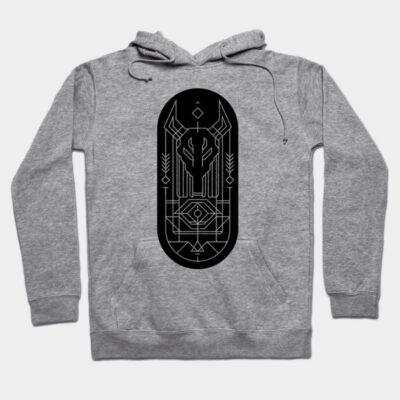 Gray hoodie with black geometric design, drawstring hood, and front pocket. Casual wear, cotton blend, unisex style.