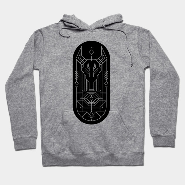 Gray hoodie with black geometric design, drawstring hood, and front pocket. Casual wear, cotton blend, unisex style.