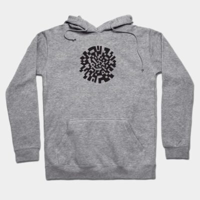 Gray hoodie with abstract black design, front pocket, and drawstring hood, perfect for casual wear in cooler weather.