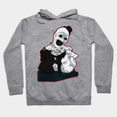 Gray hoodie with a spooky clown graphic, long sleeves, and drawstring hood, perfect for casual wear or Halloween events.
