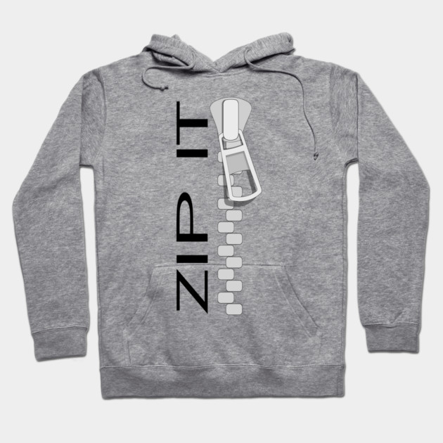 Gray hoodie with "ZIP IT" graphic and zipper design, casual style, soft material, perfect for everyday wear.