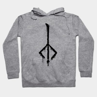 Gray hoodie with abstract black symbol design, cotton blend, casual wear, unisex, comfortable fit, front pocket.