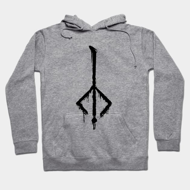 Gray hoodie with abstract black symbol design, cotton blend, casual wear, unisex, comfortable fit, front pocket.
