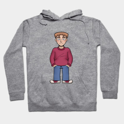 Gray hoodie with cartoon character design, featuring a red sweater and blue jeans. Casual style, comfortable material.