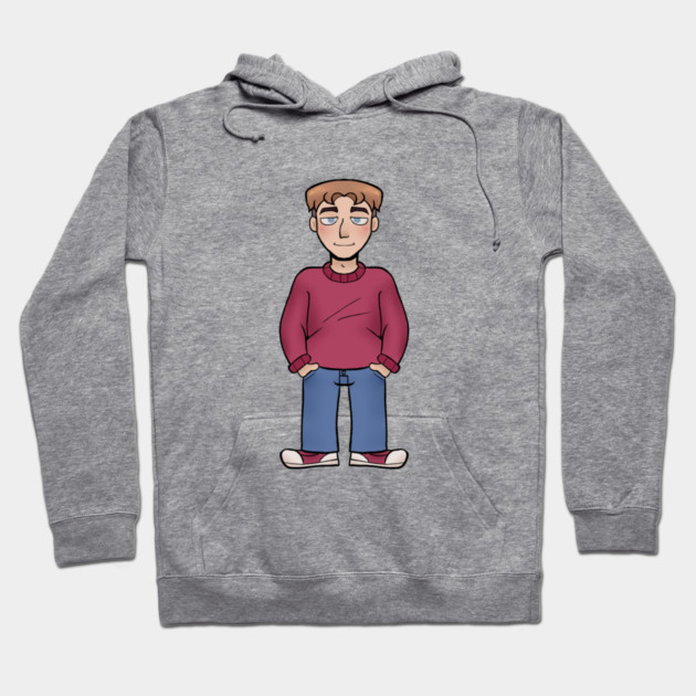 Gray hoodie with cartoon character design, featuring a red sweater and blue jeans. Casual style, comfortable material.