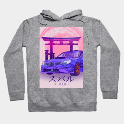 Gray hoodie with vibrant car and torii gate graphic, Japanese text, cotton material, casual style for everyday wear.