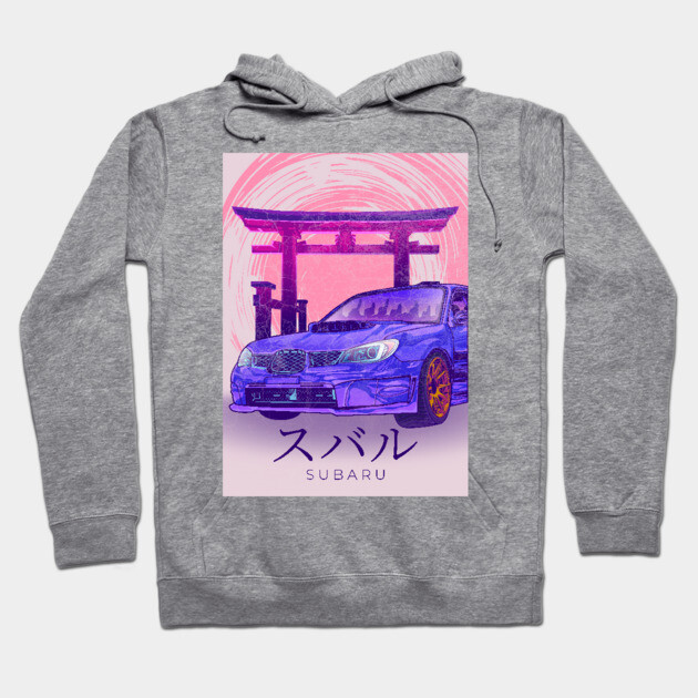 Gray hoodie with vibrant car and torii gate graphic, Japanese text, cotton material, casual style for everyday wear.