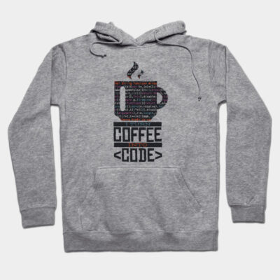 Gray hoodie with "I Turn Coffee Into Code" graphic, coding theme, cotton blend, casual unisex style for developers.