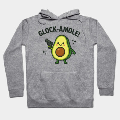 Gray hoodie with "Glock-amole" avocado cartoon print, casual style, soft fabric, perfect for everyday wear.