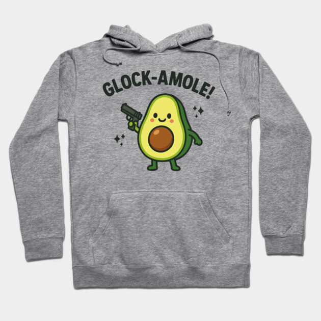 Gray hoodie with "Glock-amole" avocado cartoon print, casual style, soft fabric, perfect for everyday wear.