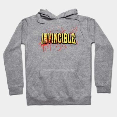 Gray hoodie with "Invincible" graphic text in bold yellow and red, casual style, cotton blend for comfort and warmth.