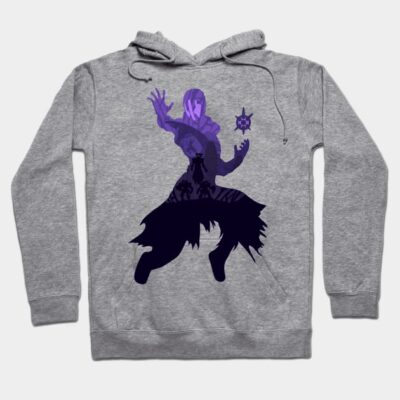 Gray hoodie with purple abstract design, featuring a mystical silhouette, ideal for casual wear and comfort.