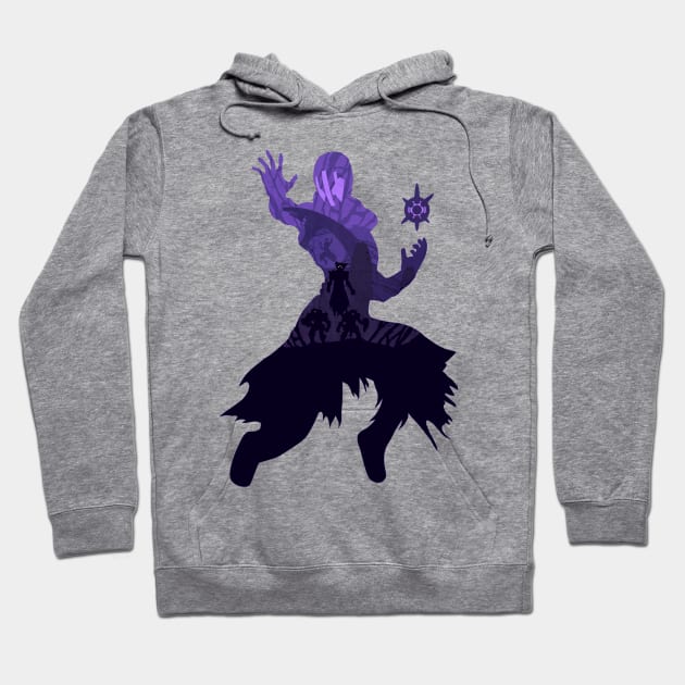 Gray hoodie with purple abstract design, featuring a mystical silhouette, ideal for casual wear and comfort.