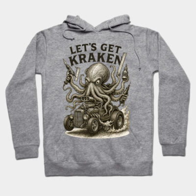 Gray hoodie with "Let's Get Kraken" graphic, octopus driving a car, casual style, comfortable cotton blend material.