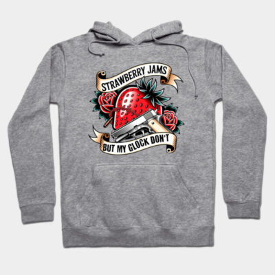 Gray hoodie with colorful strawberry and gun graphic, text design. Casual wear, cotton material, unisex style.