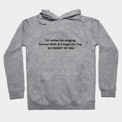 Gray hoodie with black text, featuring front pocket and drawstring hood, perfect for casual wear and cozy style.