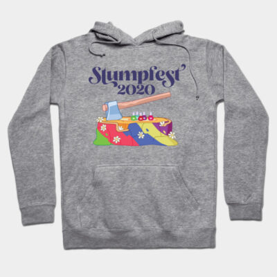 Grey hoodie with "Stumpfest 2020" graphic, featuring colorful stump and axe design, casual wear, cotton blend.