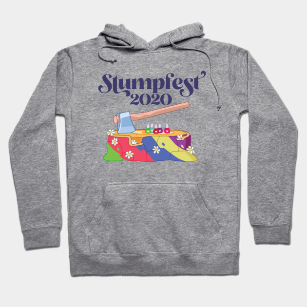 Grey hoodie with "Stumpfest 2020" graphic, featuring colorful stump and axe design, casual wear, cotton blend.