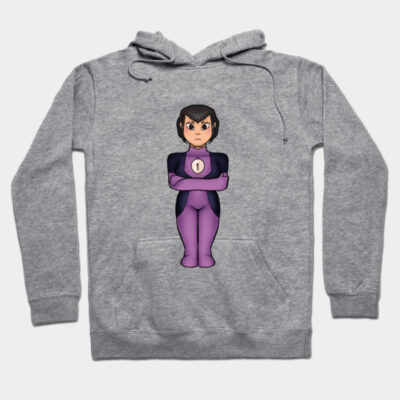 Gray hoodie with purple superhero character print, casual style, cotton material, perfect for everyday wear.