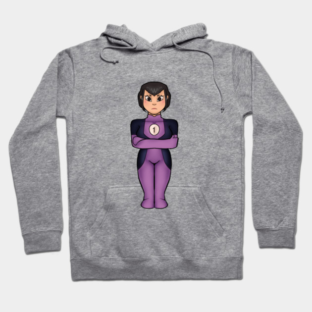 Gray hoodie with purple superhero character print, casual style, cotton material, perfect for everyday wear.