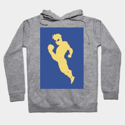 Gray hoodie with yellow superhero silhouette on blue backdrop, casual style, cotton blend, perfect for everyday wear.