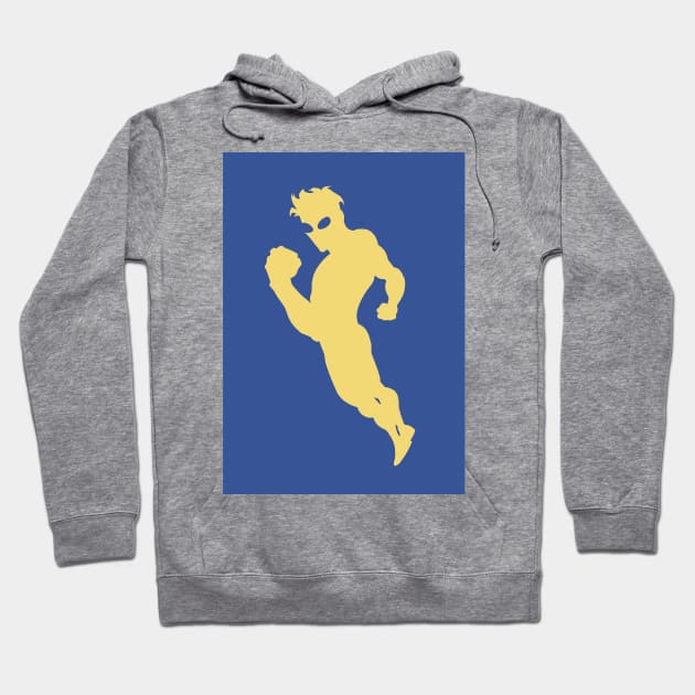Gray hoodie with yellow superhero silhouette on blue backdrop, casual style, cotton blend, perfect for everyday wear.