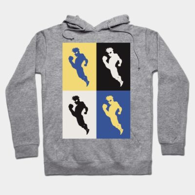 Gray hoodie with colorful pop art design, featuring dynamic figures on the front. Casual wear, soft material.