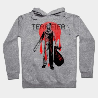 Gray hooded sweatshirt with horror-themed graphic design, featuring bold red and black accents. Perfect for casual wear.
