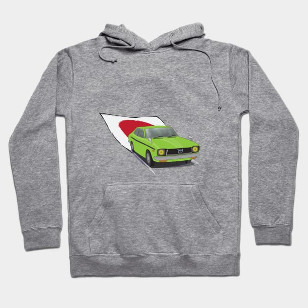 Green 70s Subaru DL (Leone) illustration, with the Japanese Flag Behind Hoodie by ibadishi