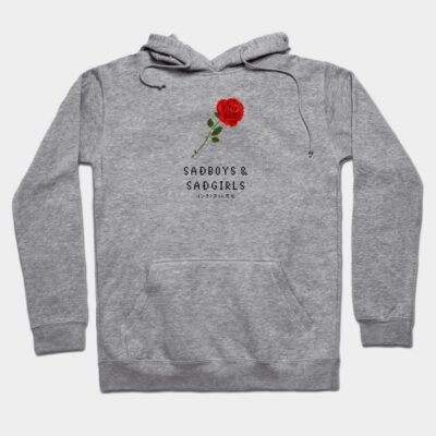 Gray hoodie with a red rose graphic and "Sadboys & Sadgirls" text, casual style, cotton material.