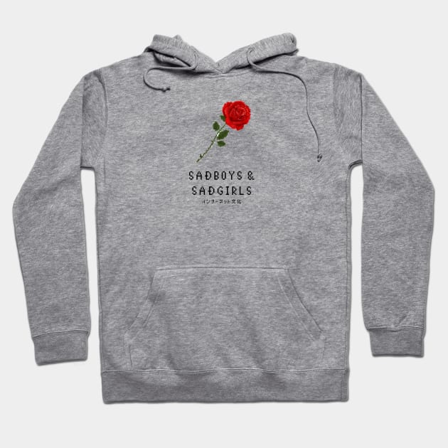 Gray hoodie with a red rose graphic and "Sadboys & Sadgirls" text, casual style, cotton material.