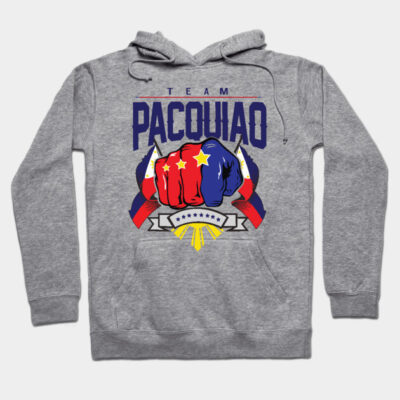 Gray hoodie with "Team Pacquiao" text and colorful fist design, casual wear, cotton blend material.