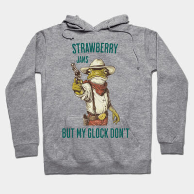 Gray hoodie with frog cowboy design, text "Strawberry Jams But My Glock Don't", casual style, soft cotton blend.