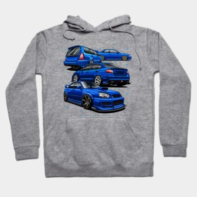 Gray hoodie with blue car illustrations, featuring sporty design. Ideal for car enthusiasts. Cotton blend material.